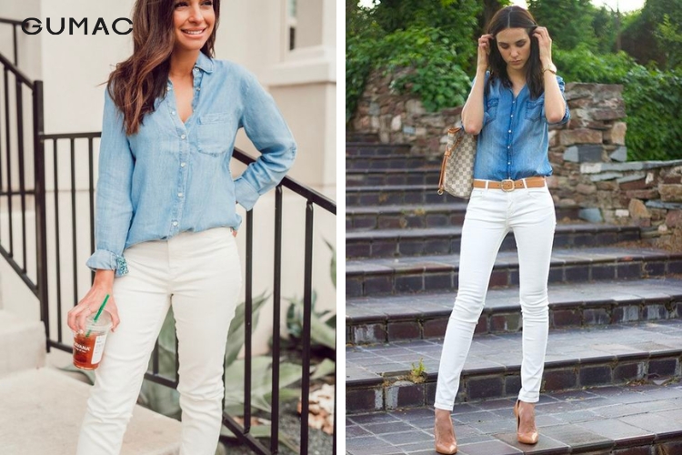 Quần trắng mặc áo denim