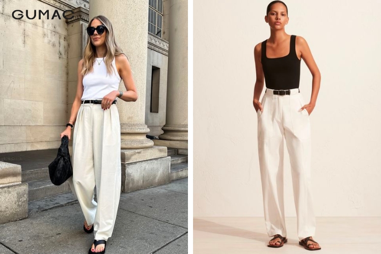Quần trắng thụng mix cùng áo tank top