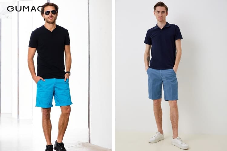 Quần short xanh dương phối với áo đen