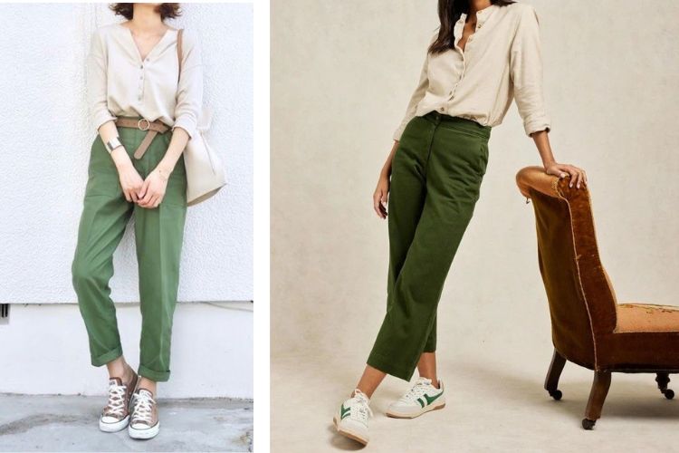 Kết hợp quần màu xanh lá cây cùng áo màu be nhẹ nhàng