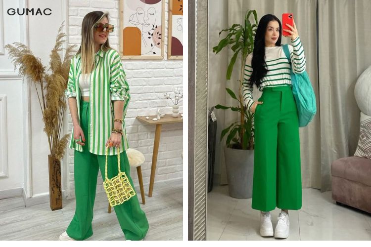 Phối quần xanh lá với áo kẻ màu ấn tượng