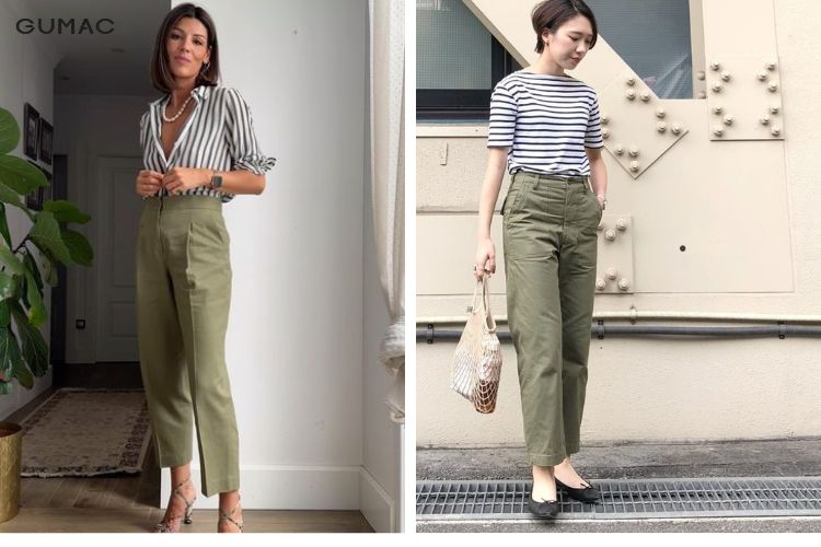 Quần màu xanh lá cây mix match với áo kiểu sọc đen trắng