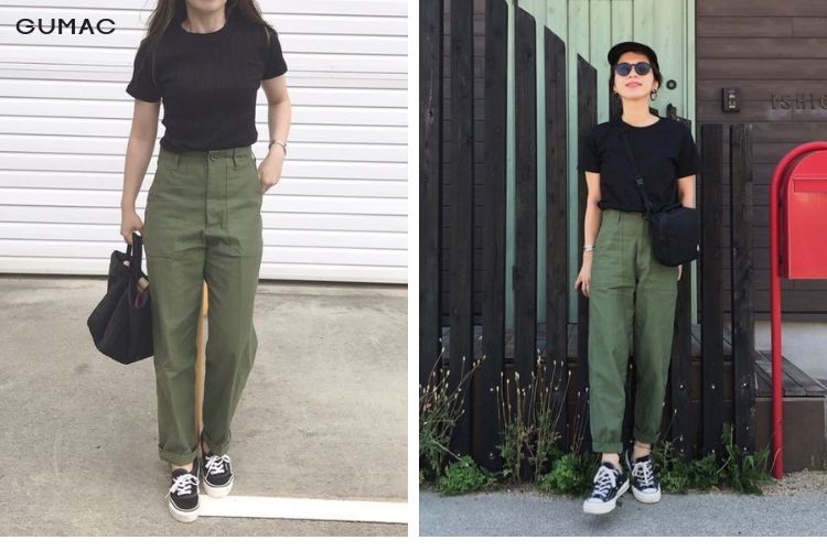 Quần màu xanh lá cây mix với áo màu đen huyền bí