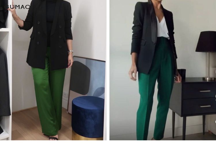Quần xanh lá cây phối với áo blazer đen cá tính