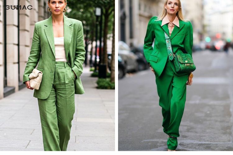 Quần xanh lá phối áo khoác blazer xanh