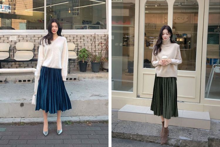 Áo len phối chân váy xếp ly