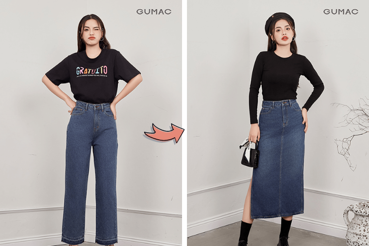 tái chế quần jean cũ thành váy