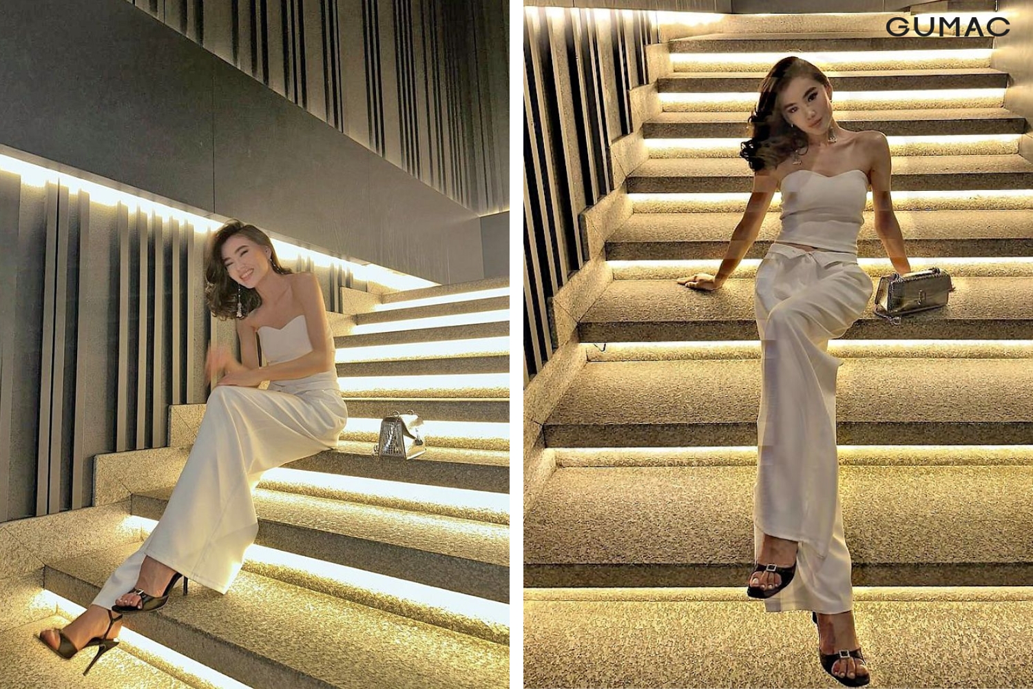 pose dang chup anh o cau thang ngoi vat cheo chan