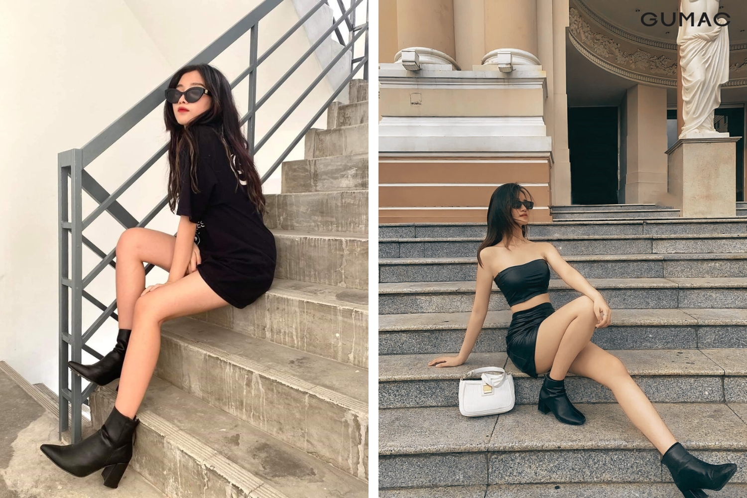 pose dang ngoi nghieng chup anh o bac cau thang