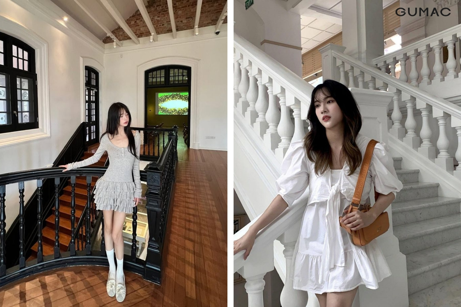 pose dang chup anh dung tua vao thanh cau thang nhe nhang