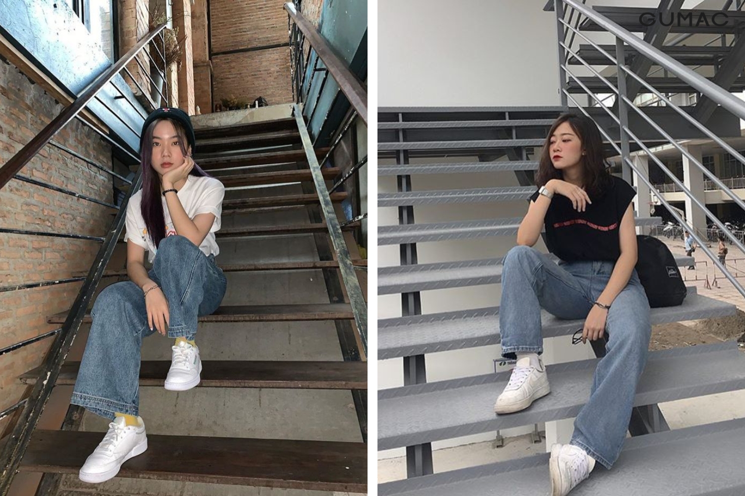 pose dang chup anh ngoi chan truoc sau tren cau thang