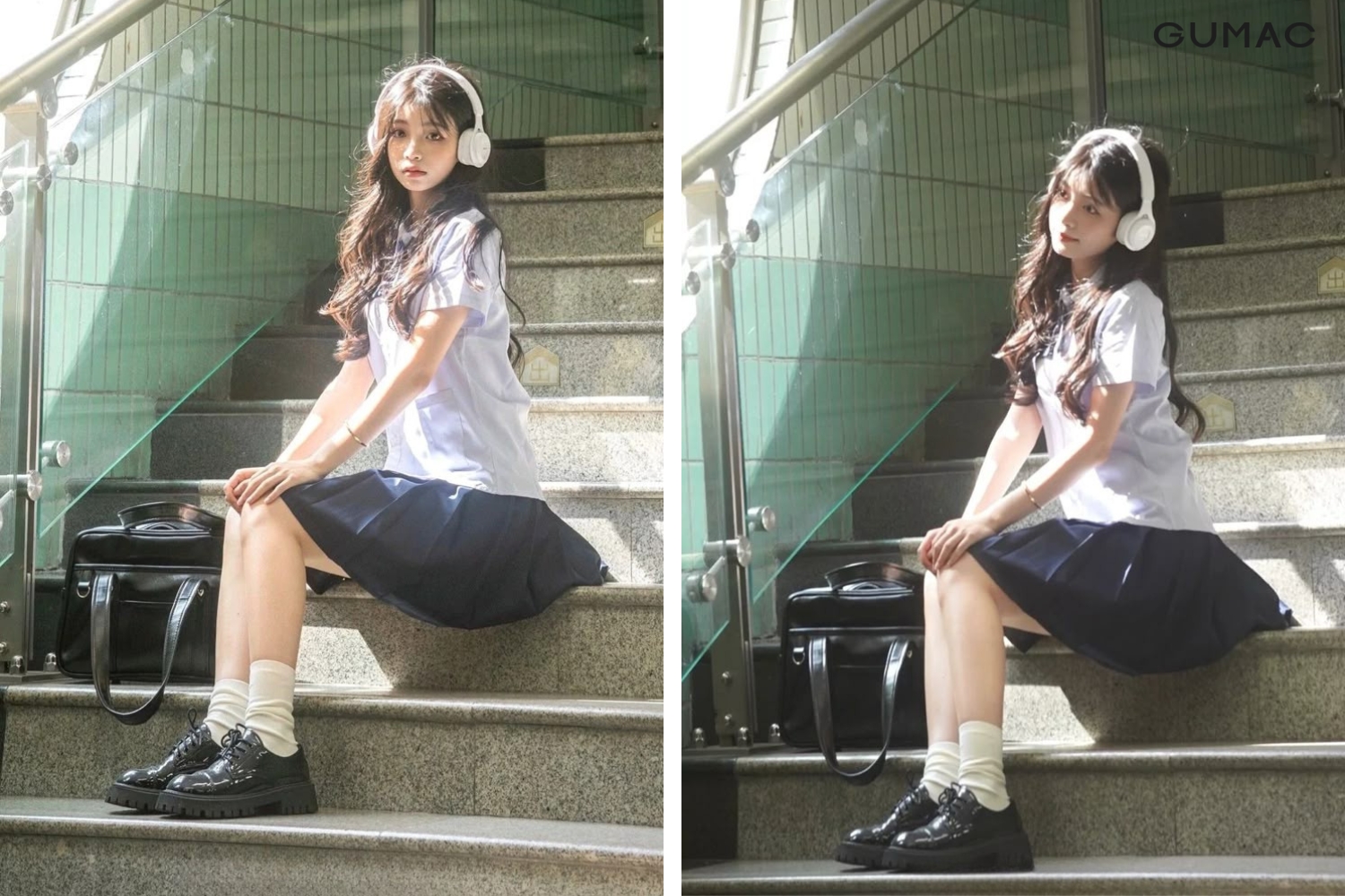 pose dang ngoi o cau thang tay dat tren dau goi