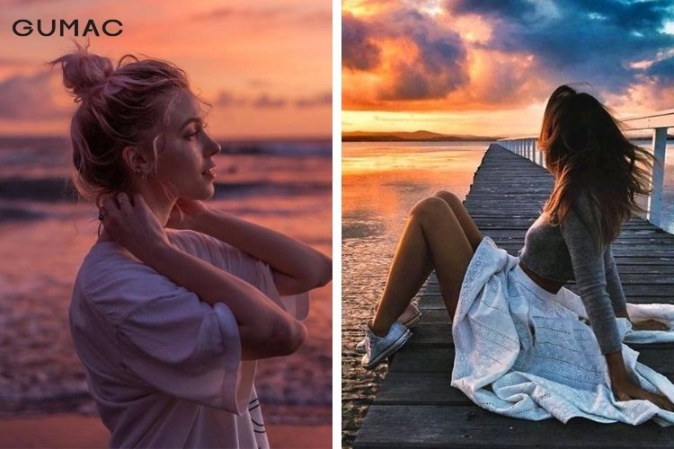tạo dáng chụp ảnh hoàng hôn rạng ngời