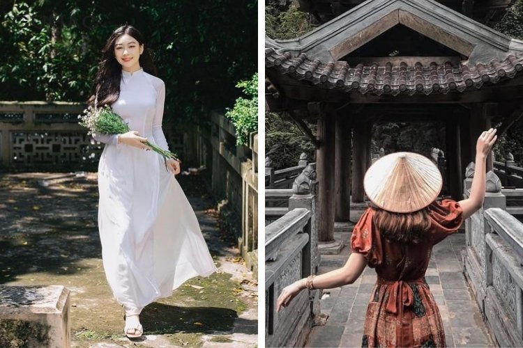 Tạo dáng chụp ảnh ở chùa đang bước đi