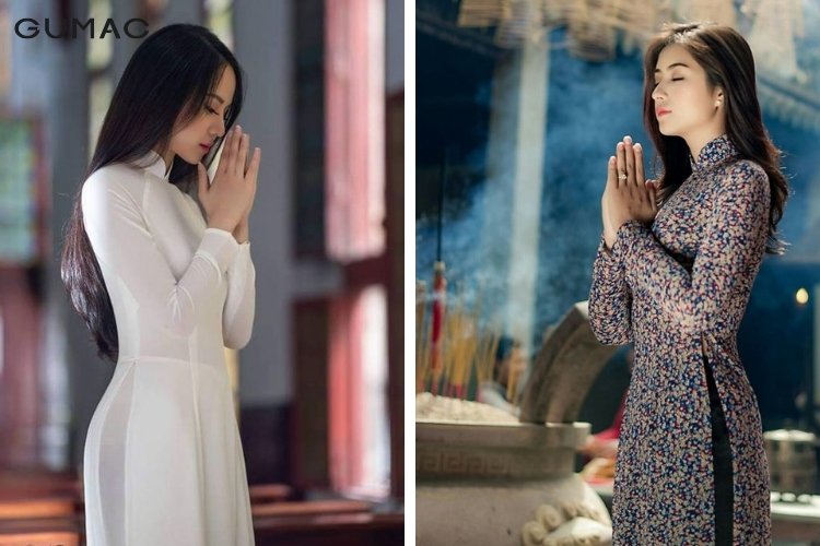 Tạo dáng chụp ở chùa chắp tay cầu nguyện