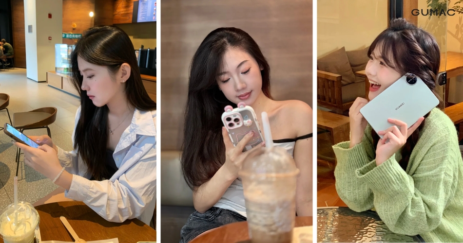 pose dang dang luot dien thoai hoac ipad o quan ca phe