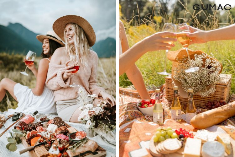 Tạo dáng chụp ảnh picnic với đồ ăn