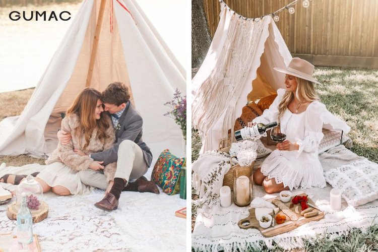 Tạo dáng chụp hình picnic với lều