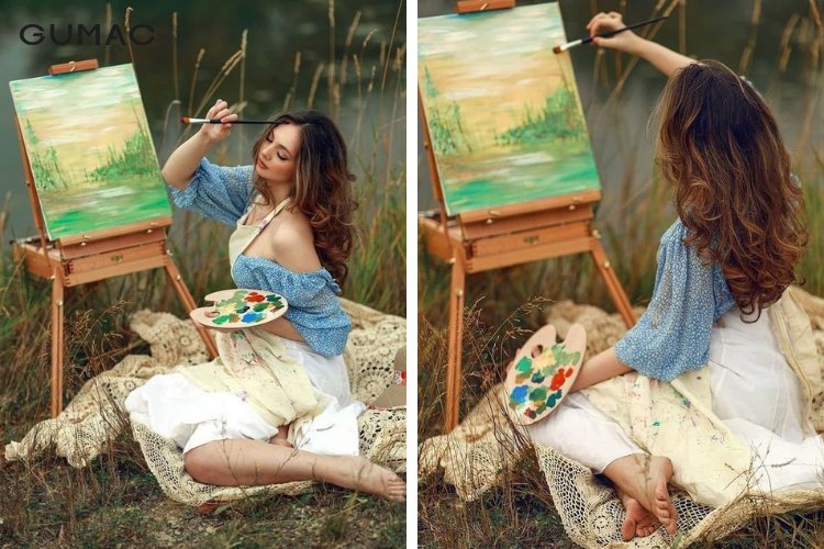 Tạo dáng thành họa sĩ khi đang đi chụp ảnh picnic