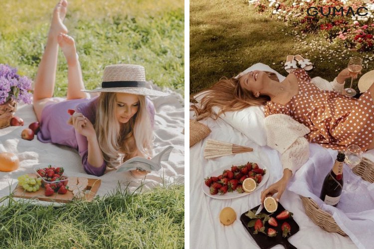 Tạo kiểu dáng nằm trên thảm và chọn góc chụp ảnh picnic đẹp