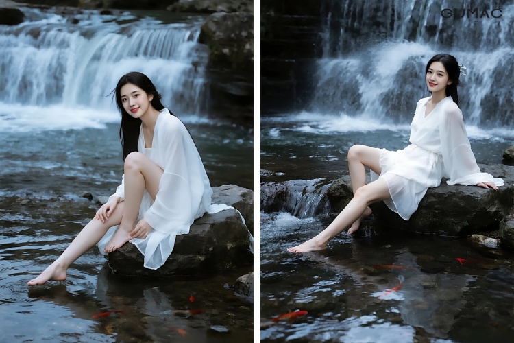 tao dang ngoi ben bo da cham tay xuong nuoc voi dam maxi trang