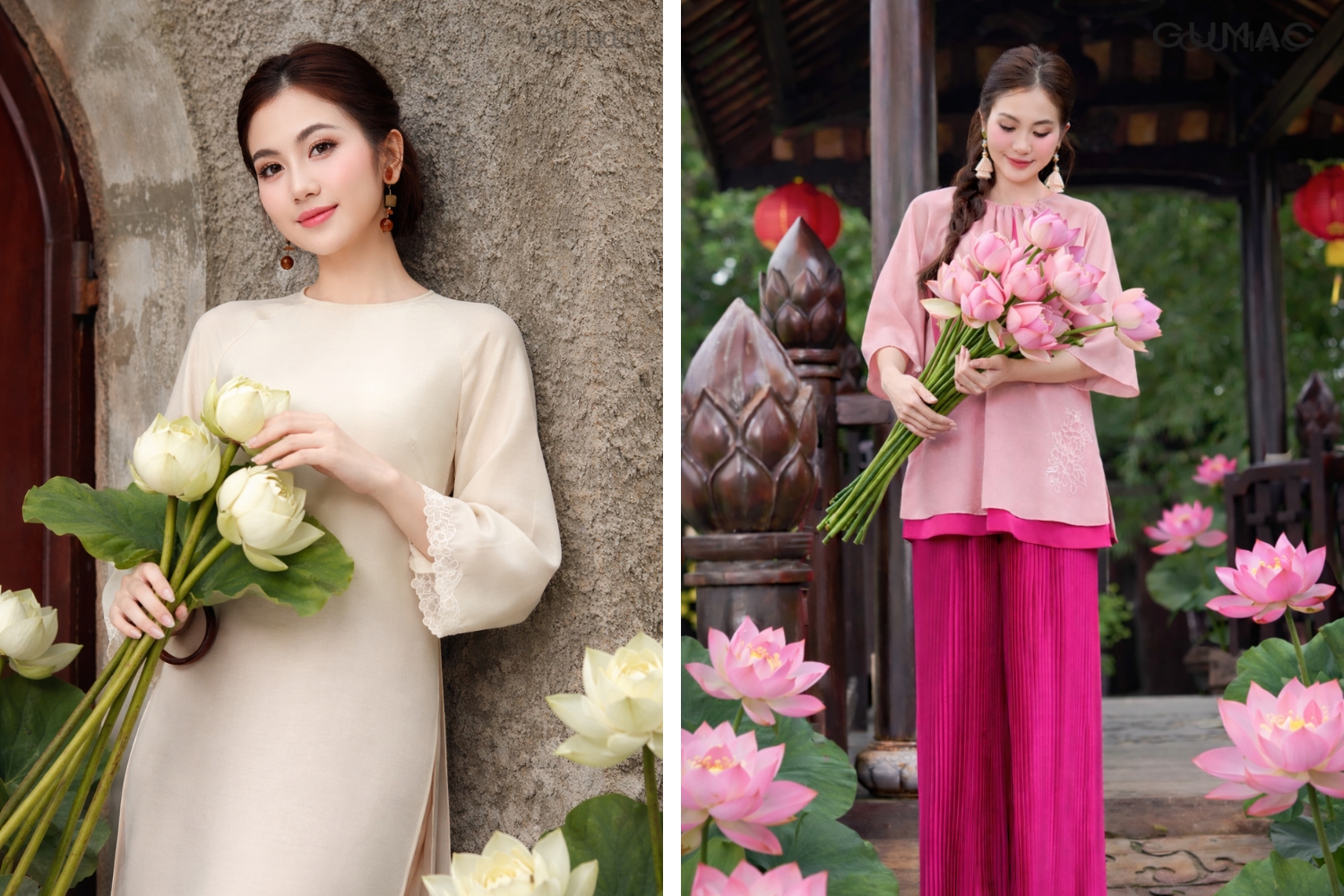 tao dang chup anh voi ao ba ba cung hoa sen