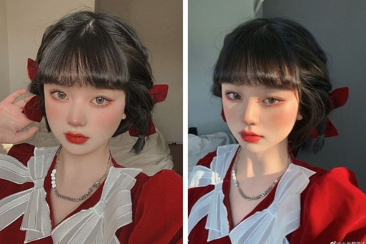 kiểu tóc mái ngố uốn cụp với tóc ngắn