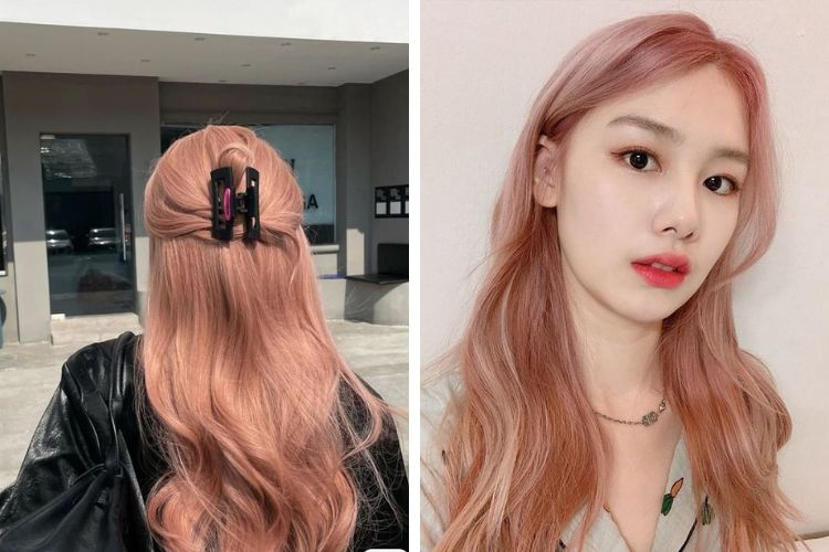 tóc dài hồng pastel pha nâu
