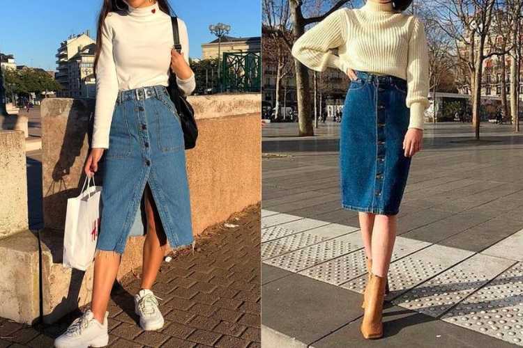 Áo cổ lọ kết hợp với chân váy jeans 