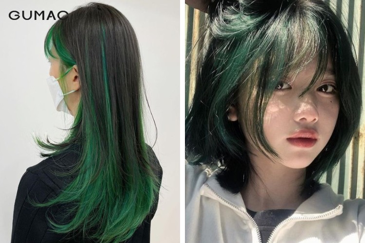Nhuộm tóc highlight màu xanh rêu