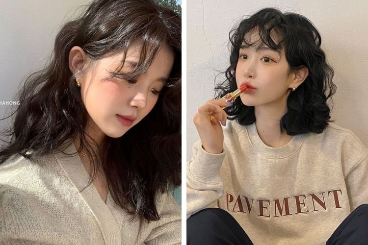 Tóc ngang mái thưa kiểu xoăn sóng nước