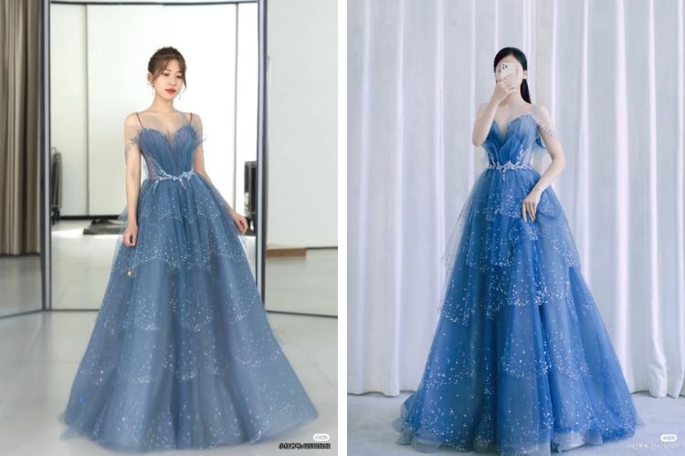 Váy dạ hội màu xanh nước biển kim tuyến