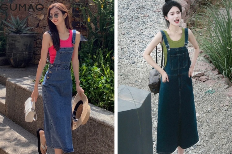 Mặc váy yếm jeans dài với áo hai dây màu nổi