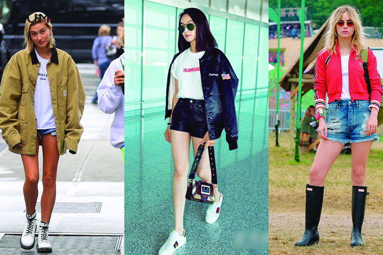 Áo thun mix quần short và áo khoác bomber