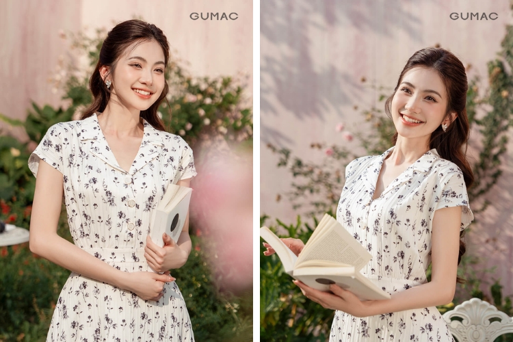 Váy đầm xòe cổ danton hoa nhí dịu dàng
