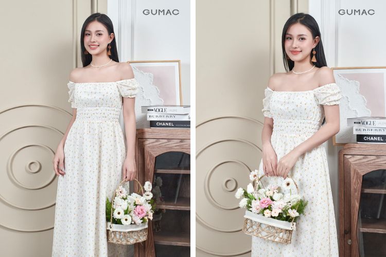 Đầm trắng trễ vai