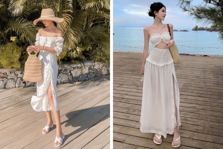 Đầm trắng xẻ tà đi biển
