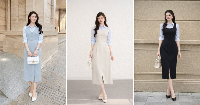Chọn sơ mi slim-fit kẻ sọc nhỏ hoặc xanh pastel, phối cùng váy gile dài xẻ tà nhẹ phía sau trẻ trung.