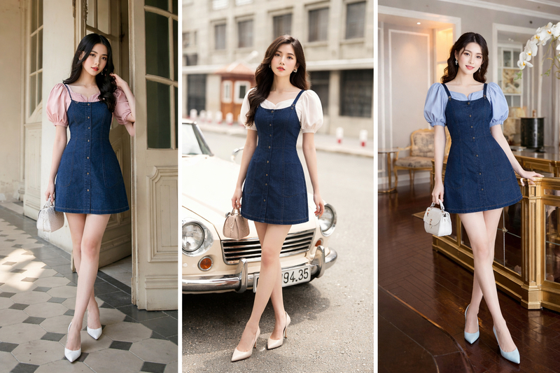 Chọn váy denim xanh đậm phối sơ mi tay bồng pastel hoặc trắng.