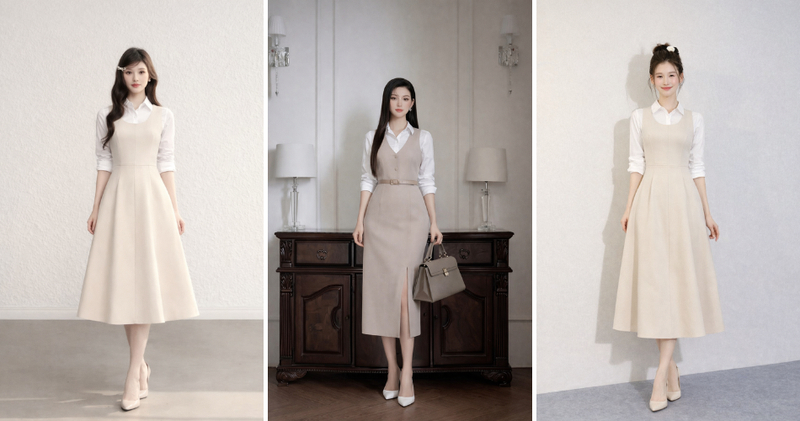 Phối váy gile dài và sơ mi slim-fit cùng gam màu be - trắng hoặc xám - trắng tối giản hiện đại.