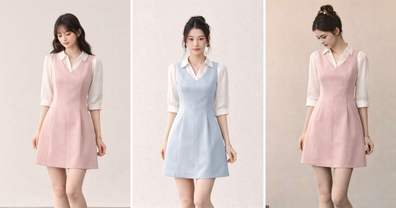 Phối váy gile pastel cùng sơ mi cổ V tay lỡ hoặc cổ bèo nhẹ nhàng.