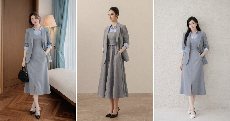 Phối váy gile xám cùng sơ mi xanh nhạt và blazer form hơi rộng.
