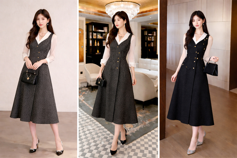 Phối váy tweed tối màu cùng sơ mi lụa cổ V nhẹ tinh tế dự sự kiện.