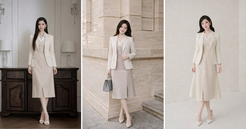 Váy gile be hoặc pastel phối sơ mi cổ V nhẹ, khoác ngoài blazer màu kem hoặc ghi sáng nữ tính hiện đại.