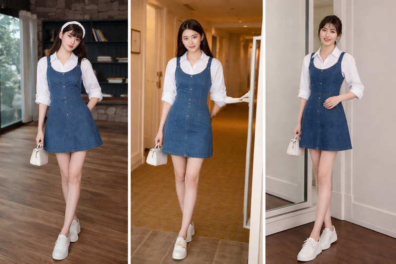 Váy gile denim dáng chữ A hoặc ôm nhẹ phối sơ mi form rộng cân bằng tỷ lệ.