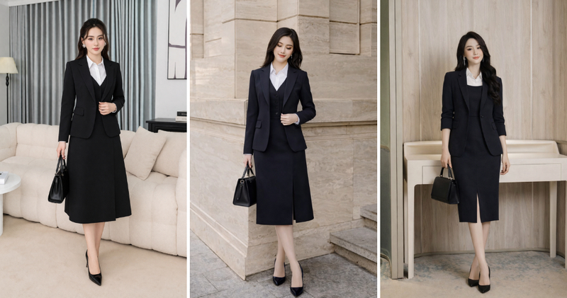 Váy gile tối màu phối cùng sơ mi trắng và blazer đồng tone thanh lịch, chuẩn mực.