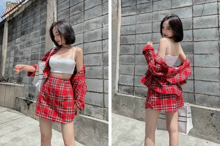 váy sọc caro đỏ với áo 2 dây