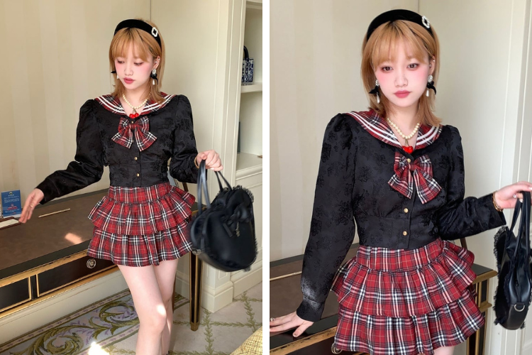 váy sọc caro đỏ với áo cổ thủy thủ
